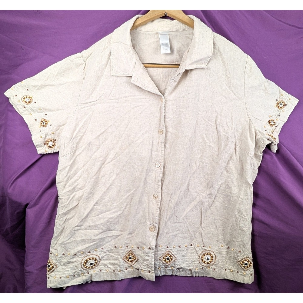 VTG Fashion Bug Beaded Geometric Native Shirt 22/24W Khaki Linen Blend 90s Boho